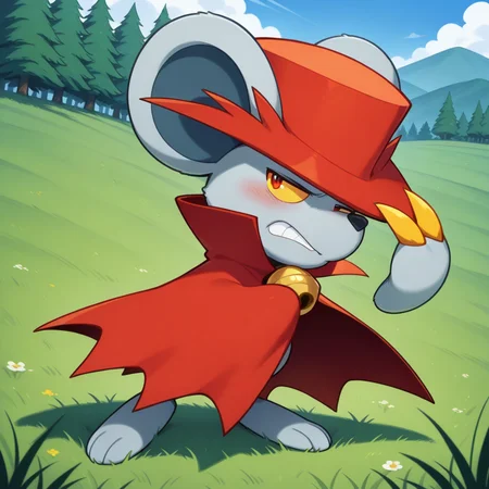 <lora:Daroach_Kirby_-_Illustrious:1> Daroach, 1boy, red cape, red hat, bell, full body, hand on hat, looking at viewer, blush, looking away, annoyed, clenched teeth, hills, trees, grass, 3 fingers, masterpiece, masterwork,