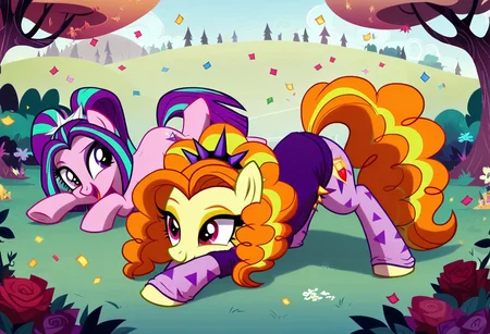 by scorpdk, scorpdk, score_9, score_8_up, score_7_up, score_6_up, score_5_up, score_4_up, source_furry, source_pony, rating_safe, pony,  equestria girls,  female, 
friendly, happy, friendship,
2 girl, duo, top down shot, 
pony_adagio_dazzle_mlp
confetti,
park background, 
hugging each other,   mlp pony art,   pony_aria_blaze_mlp,  MLP. 
HazbinStyle, cartoon character, Horror Picture Show style