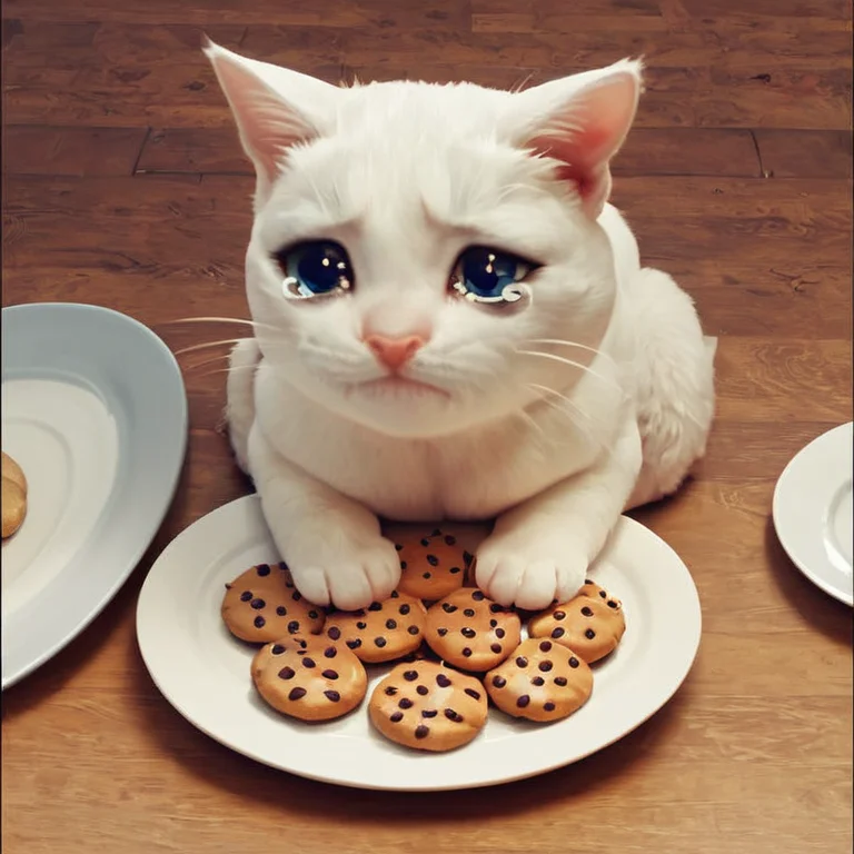 score_9, score_8_up, score_7_up,sad cat meme,
fat cat sitting, plate with cookies, <lora:sad_cat_pony27:0.6>,tears,cry