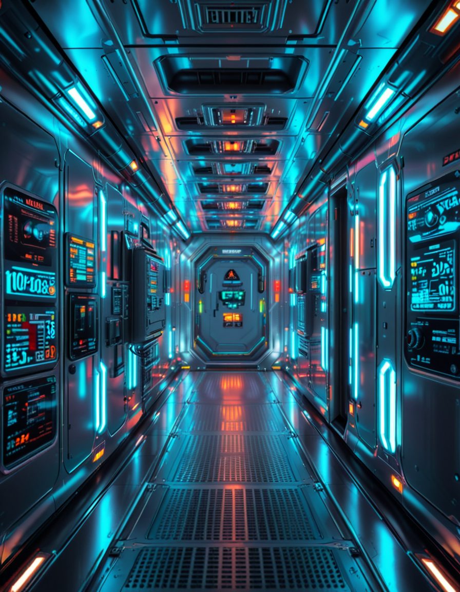 A highly detailed futuristic spaceship corridor, illuminated by soft neon blue and purple lights. The walls are made of sleek metallic panels, with glowing circuits and holographic displays integrated into the design. The floor is reflective and polished, with a faint grid pattern that emits a subtle white glow. Pipes and cables run along the ceiling, interspersed with small ventilation grids and blinking lights. The corridor stretches into the distance, creating a sense of depth, with a slight curve that hints at the massive scale of the spacecraft. The atmosphere feels clean, modern, and slightly sterile, with a sci-fi aesthetic inspired by movies like Blade Runner and Star Wars. The overall lighting is ambient and slightly dim, accentuating the futuristic ambiance. No characters or people are present, focusing entirely on the corridor's architecture and design.<lora:SDXLFaeTastic2400:0.4> <lora:extremely_detailed:0.4> extremely detailed, <lora:futuristic_spaceship_c0rr1d0r:1>,futuristic spaceship c0rr1d0r, Masterpiece,best quality,hi res,8k,hi res,8k,award winning,(sharp focus, intricate, highly detailed),