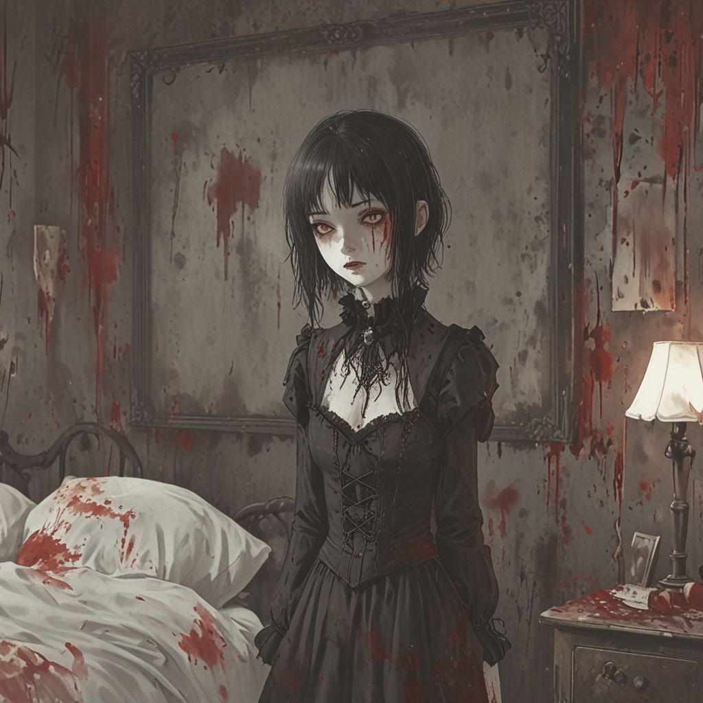goth girl, bloody, dark lighting, horror vibes, bedroom background, digital art, digital illustration, highly detailed, high definition,