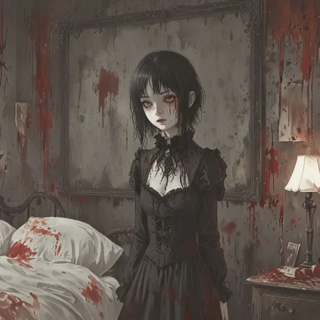 goth girl, bloody, dark lighting, horror vibes, bedroom background, digital art, digital illustration, highly detailed, high definition,