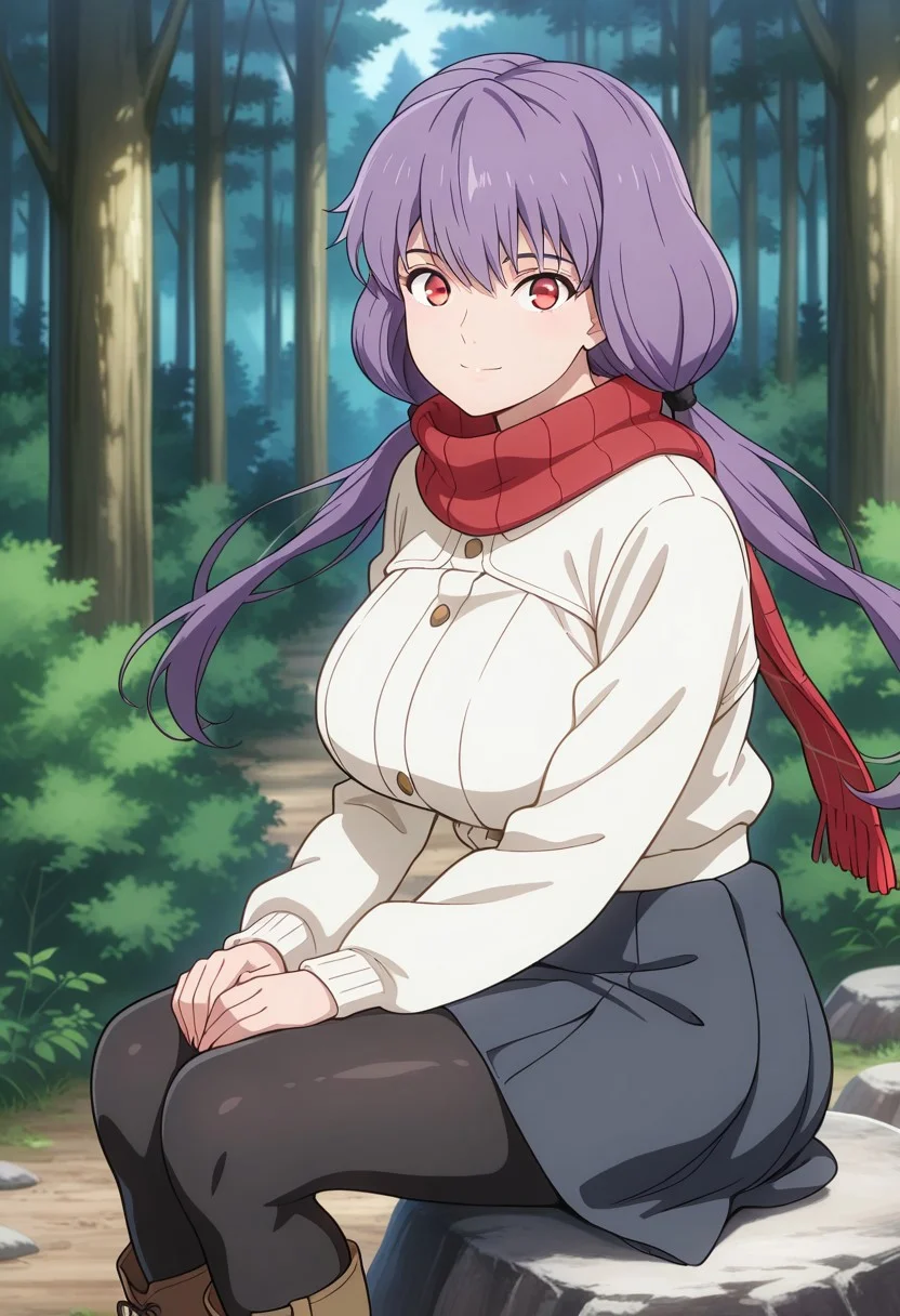 medium depth of field, rule of thirds, masterpiece-level, clean lines, sharp, focused subject, minimalistic composition, masterpiece, amazing quality, best quality, anime screencap, detailed face, detailed eyes, detailed outfit, face focus,
general,highres, ultra-detailed,very aesthetic,best quality ,best hands,
BREAK 1girl, solo, karin_nanase, 1girl, twintails, purple hair, red eyes, long hair,
baseoutfit2, scarf, pantyhose, boots, black pantyhose, red scarf, skirt,
(large breasts:1.5), sagging breasts, (Thick thighs:0.8),
from side, from above, cowboy shot,
sitting, hugging own legs, knees arms support, floating hair, happy, light smile, looking at viewer,
(Forest, woods, trees, rocks, bushes, mountains,),