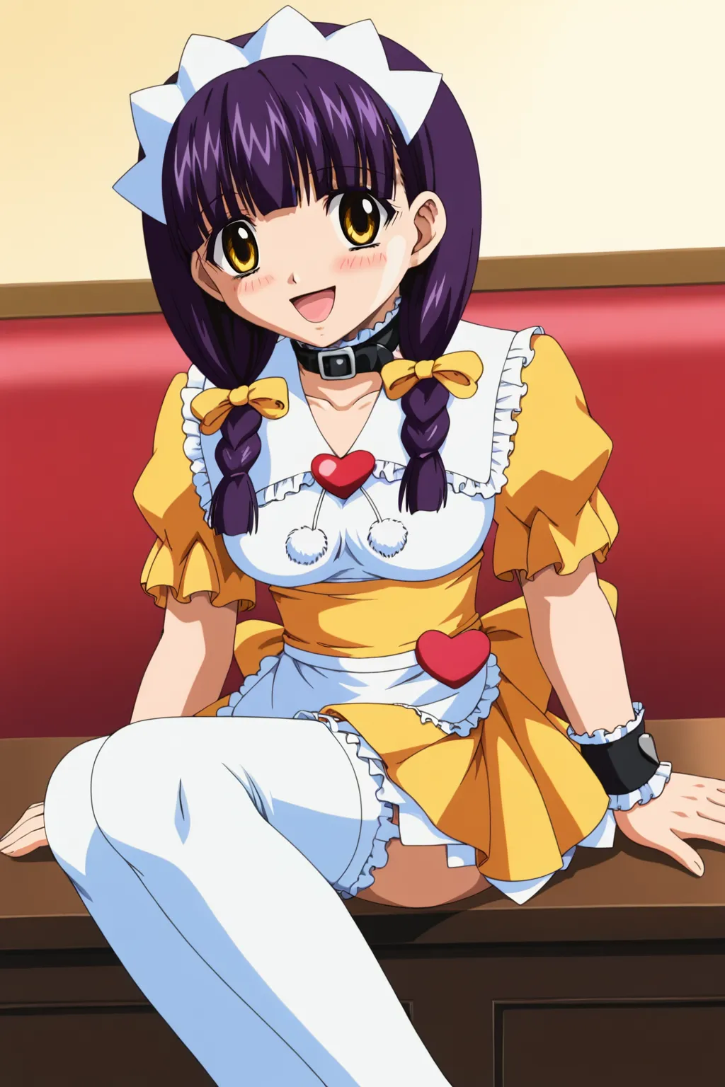 score_9, best, masterpiece, uncensored,
1girl, solo, smile, yellow clothing, yellow eyes, yellow hair ribbon, dark purple hair, black hair,
(ApprenticeFujiwaraMahiru:1.2), maid headdress, puffy short sleeves, waitress, pom pom (clothes), hair ribbon, frilled cuffs, frilled puffy short sleeves, frilled sailor collar with hearth brooch, sash with back ribbon, pleated miniskirt with white frills, (white ankle boots with pink heart:1.2), frilled white thighhighs, white frilled waist apron, black belt collar with white frills,
<lora:FamiresSenshiPuddinApprenticeFujiwaraMahiru_V3:0.8> <lora:FamiresSenshiPuddingOVAStyle_4Rx10E:0.8>​​​