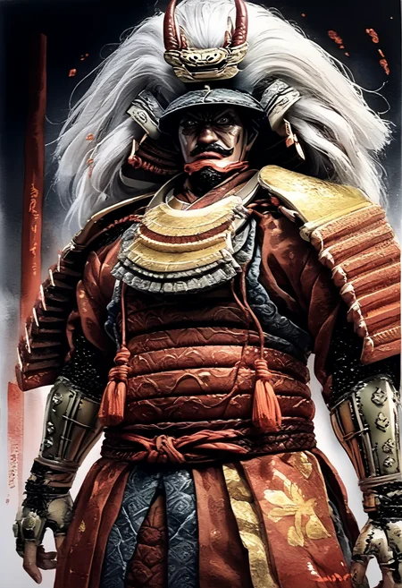 score_9, score_8_up, score_7_up,
Male illustration, 50 years old, mature man, ambitious, wide-eyed, piercing gaze, distinguished, intelligent, strategist, military strategist, intimidating, chubby but muscular, Japanese samurai, 16th century, dramatic lighting, high contrast, decorative, atmospheric, haunting beauty, texture, (dynamic angle), round face, black, gray, red, yellow,
Front view, splash art, highly detailed illustration, trending on Artstation, paint smor,plashes, perfect composition, watercolor, sharp focus, intricate details, highly detailed,
White background, mustache (1.3), windy, dynamic pose, dynamic angle,arrmor,
Watercolor, <lora:BDpony_TakedaShingen_V1:0.9>, Takeda Shingen,
<lora:Midjourney_5:0.6>, <lora:WaterColorV3:0.8>,