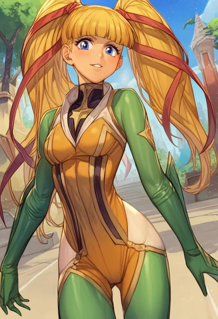 Stellar Blade Skin Suits , score_9, score_8_up, score_7_up, score_6_up, score_5_up, score_4_up, rating_questionable, , source_anime, digital illustration, pixiv, fanbox, uncensored, , BREAK, official art, 1girl, solo, monica kruszewski, blonde hair, blue eyes, hair ribbon, medium breasts, twintails, ribbon, Seductive Eyes, skinbodysuit, bodysuit, outdoors, blush, cowboy shot, looking at viewer, <lora:Monica_Kruszewski_Pony-000009:1>,  <lora:skinbodysuit e3-000009:0.75>, ng_deepnegative_v1_75t, easynegative, OverallDetail