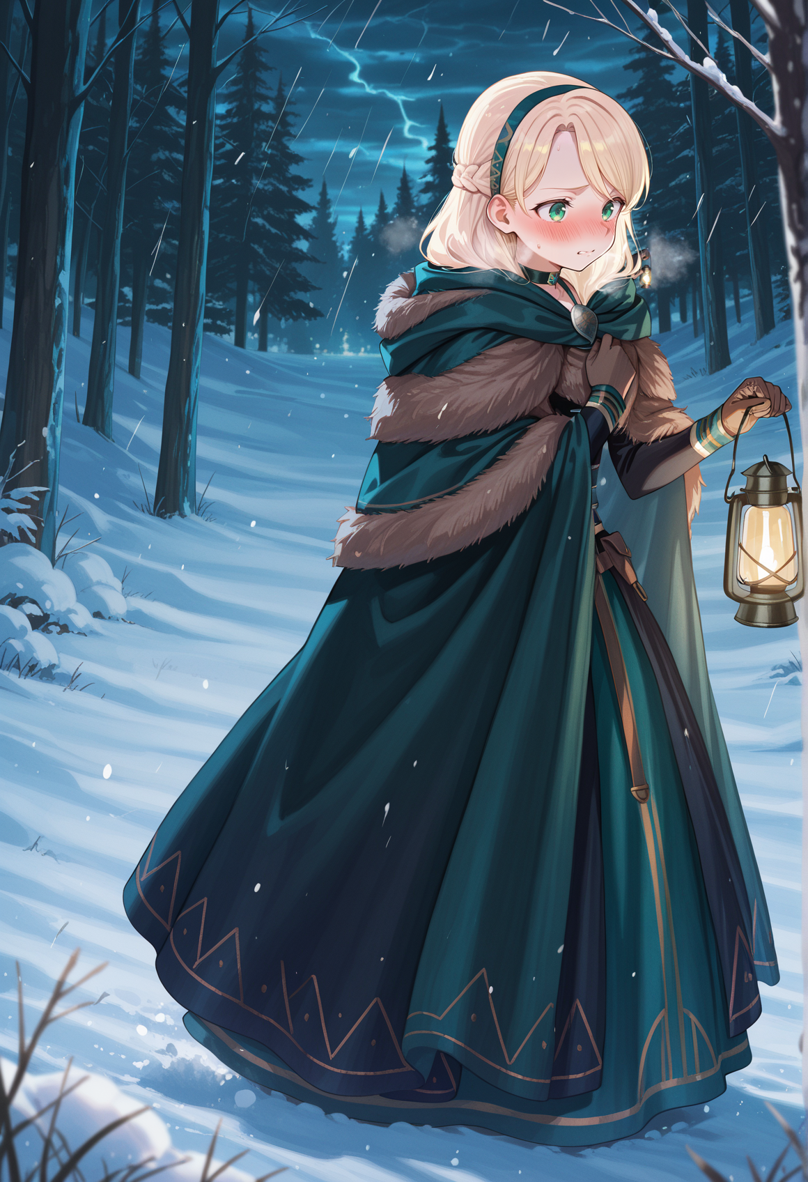 1girl, solo, blonde hair, green eyes, hairband, french braid, choker, german clothes, jewelry, capelet, dress, long sleeves, long skirt,  apron, frills, cloak, fur trim, holding lantern, night, gloves, worried, blush, nose blush, heavy breathing, forest, snow, storm, walking  <lora:Gerda_FGO_illus:1>, masterpiece, best quality, amazing quality, very aesthetic, absurdres, highres, newest