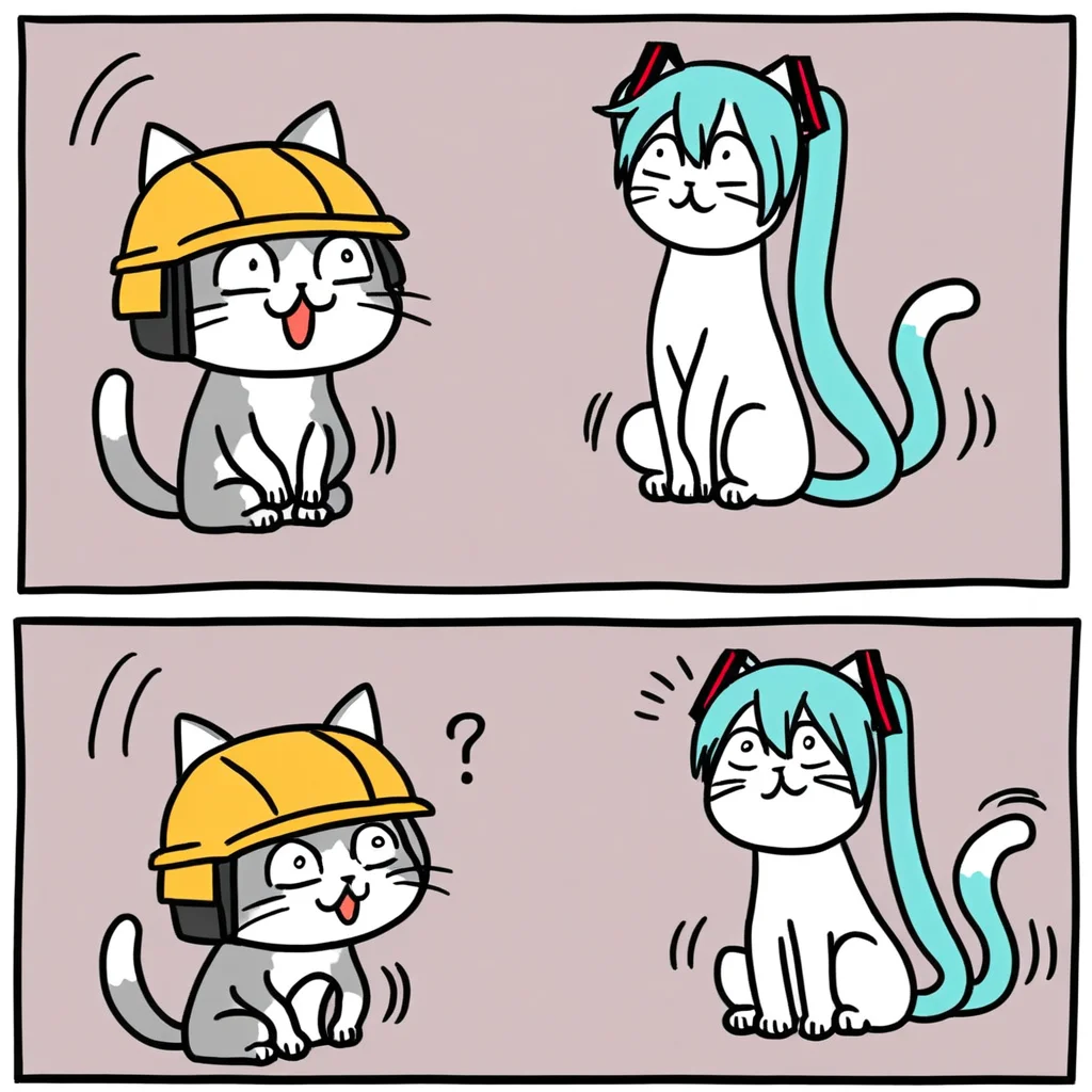 <lora:Genbaneko_Pony-000120:0.4>, best quality, white border,
@_@, motion lines, looking away,
genbaneko style, (white cat ear hat:1.2), white hard hat, cat meme,multi cat,
1girl, hatsune miku,