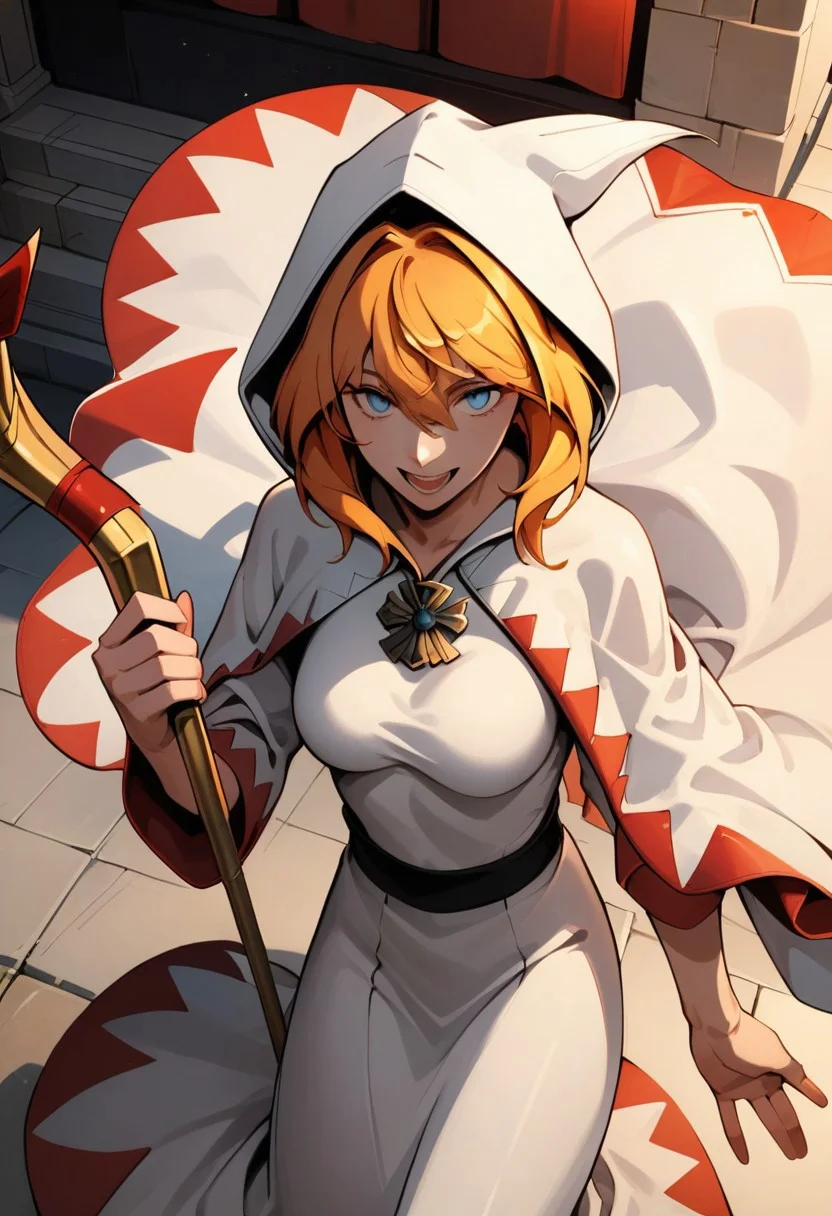 score_9,score_8_up,score_7_up,source_anime, Leah,1girl,solo,breasts,looking at viewer,smile,open mouth,long sleeves,dress,holding,hair between eyes,medium breasts,medium hair,hood,white dress,staff,robe,holding staff,lower teeth only,white robe,