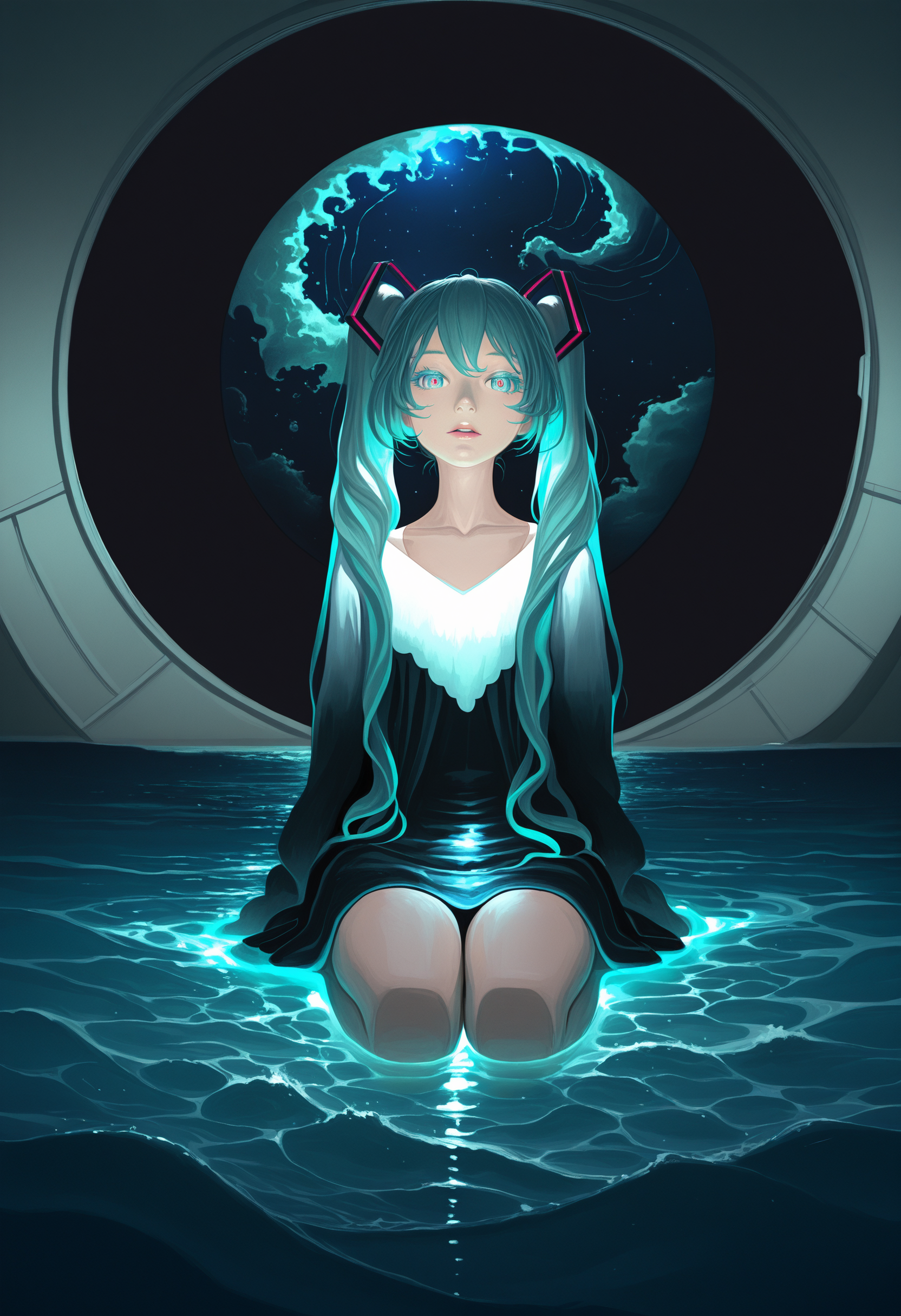painterly, hatsune miku, artist:[caravaggio|adam de coster|yoneyama mai|cursedweeboo|daodtt|diao \(nrays\)|ravine bells|fkey],
1girl, solo, looking at viewer, colored eyelashes, long eyelashes, makeup, aqua eyes, multicolored eyes, multicolored hair, ocean, water, caustics, waves, full body, sitting, barefoot, seiza, parted lips, collarbone, bioluminescence, night sky, dark, deep glow, partially submerged, space station, circle, window, space, rotational symmetry,
newest, impasto, brushstroke, impressionism, chiaroscuro, oil painting \(medium\), newest, absurdres, masterpiece, very aesthetic