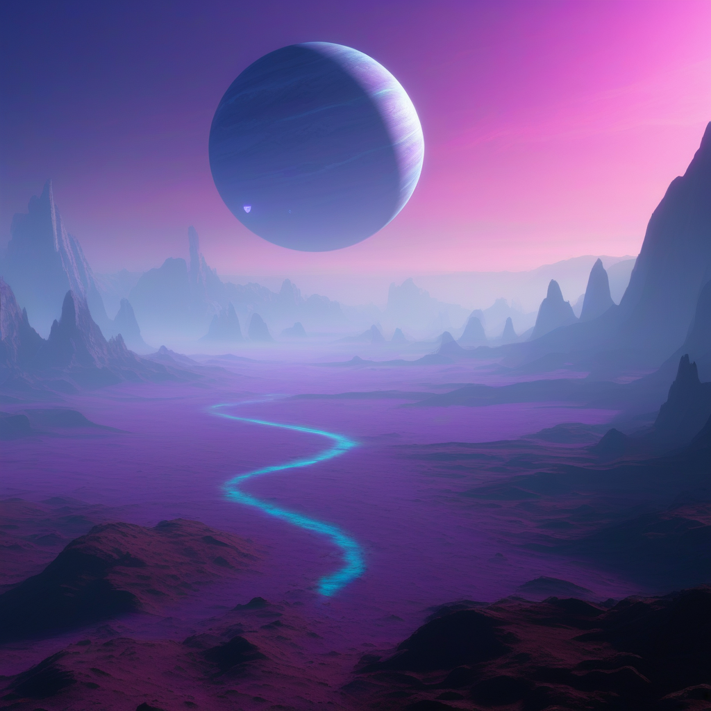 Generate a hyper-realistic valley on a planet from another universe, with deep canyons carved by ancient rivers. The sky is filled with distant planets, each glowing with different shades of blue and purple. Overhead, massive rings of a nearby planet cast a shadow on the land below. A purple-pink sunset illuminates the rocky landscape, with sharp cliffs and floating islands, while mist rises from the valley floor, creating a mysterious and awe-inspiring view of this alien world.