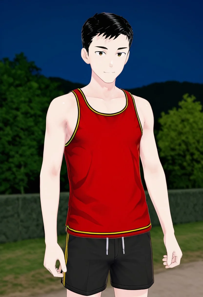 harmard, black hair, short hair, brown eyes, 1boy, solo, solo focus, red tank top, black shorts, young man, youthful, outdoor, at night day