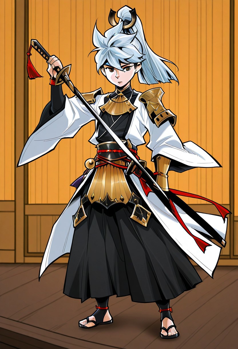 ace \(seven knights\), swordmaster, long hair, ponytail, samurai, armor, white coat, black hakama, stirrup legwear, sandals, holding sword, leaders sword, standing, solo, male focus, webtoon style