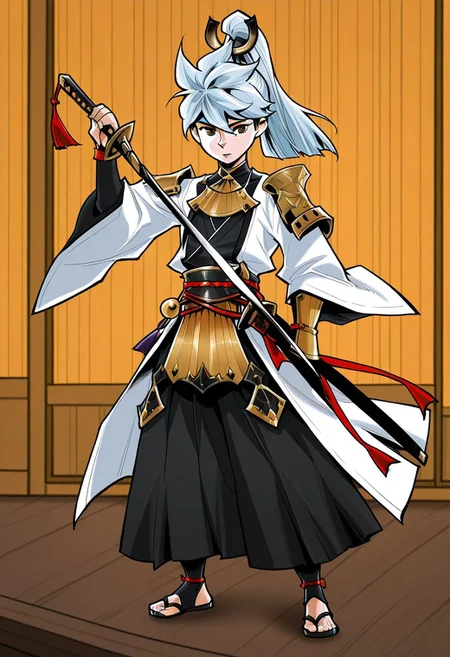ace \(seven knights\), swordmaster, long hair, ponytail, samurai, armor, white coat, black hakama, stirrup legwear, sandals, holding sword, leaders sword, standing, solo, male focus, webtoon style