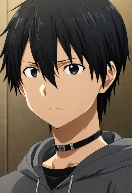 high resolution, solo, best quality, 1Boy, Kazuto Kirigaya, Black Hair, Black Eyes, bangs, necklace, choker, hair between eyes, Hoodie, OverallDetail