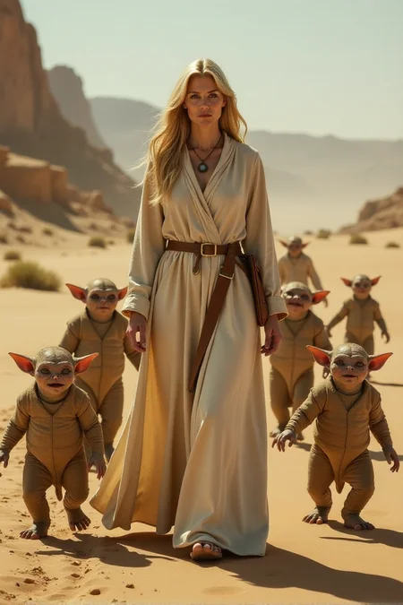 beautiful blonde mother in her 40s wearing a long flowing robe, she shepards a dozen baby monsters through a dystopian desert landscapeâââ