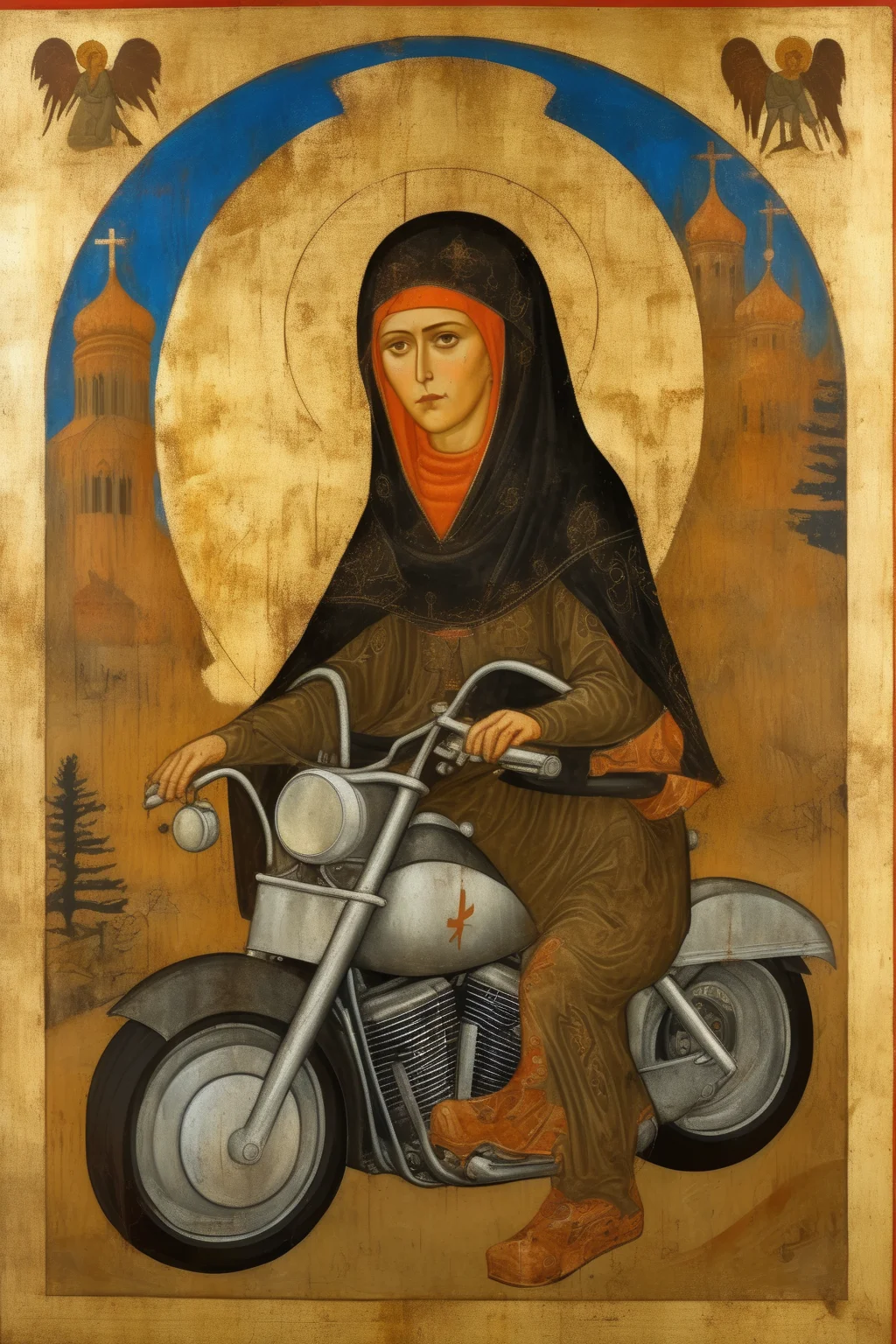 <lora:Simone Martini Style:1>Simone Martini Style - Orthodox 15 century russian icon. Yung saint lady on harley davidson. Andrei Rublev painting style.