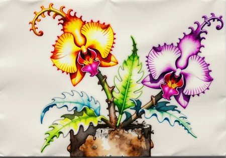 (epic:1.2), trending on artstation, (high quality:1.2), (masterpiece:1.2), high details, incredibly absurdres, colorful), (crayon drawing:1.33), (watercolor painting:1.21), (parchment:1.27), (Bryan Lee O'Malley Style:1.31), (Stephen Hillenburg Style:1.24), (Kenkou Cross Style:1.29), (higher_angle:0.42) ,, (Plant/Flower:  Diminutive Orchid Woody-stemmed Jagged plant, Textured Texture (e.g., textured stem) Cartilaginous Woody Stem, Flaky, Palmately-cleft Heart-shaped leaf, Diagonal Venation, Basal-rosette, Dentate Leaf Margin,  Pale Silique fruit, Rugged,  Lateral root ) ,  , (color scheme:(neon palette:1.27))