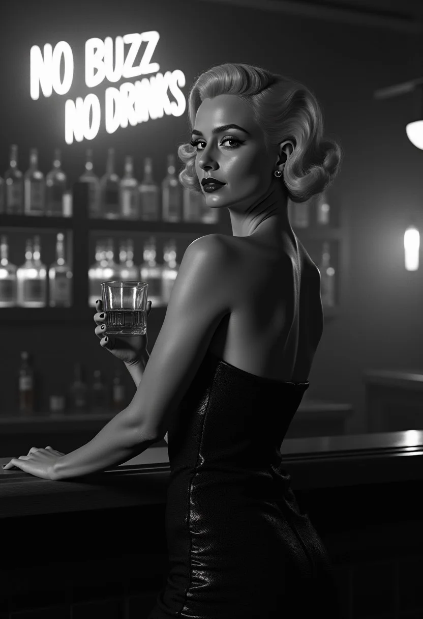 Film noir style, black & White, high contrast, greyscale:2.5, 1940s film noir detective movie, shot on film, film noir detective movie,
((best quality)), ((masterpiece)), (detailed), film noir butterfly lighting,
Female, beautiful woman, platinum blonde hair in 1940s pinup style, full pouty lips, lips parted, busty, hourglass figure:0.7, slinky strapless and sleeveless dress, super sexy sequin dress, standing at a bar in a cocktail lounge, Smokey background, neon Sign says “NO BUZZ NO DRINKS”:2.5, highly detailed skin, looking at the viewer, holding a glass of whiskey, background of a bar, backlit bottles of upscale alcohol on shelves behind bar, no watermark signature, closed mouth, insanely detailed, ((masterpiece)), HDR, key visual, vibrant, studio quality, highly detailed,close portrait,
beautiful,attractive,handsome,trending on ArtStation,DeviantArt contest winner,CGSociety,ultrafine,detailed,studio lighting . Monochrome, high contrast, dramatic shadows, 1940s style, mysterious, cinematic