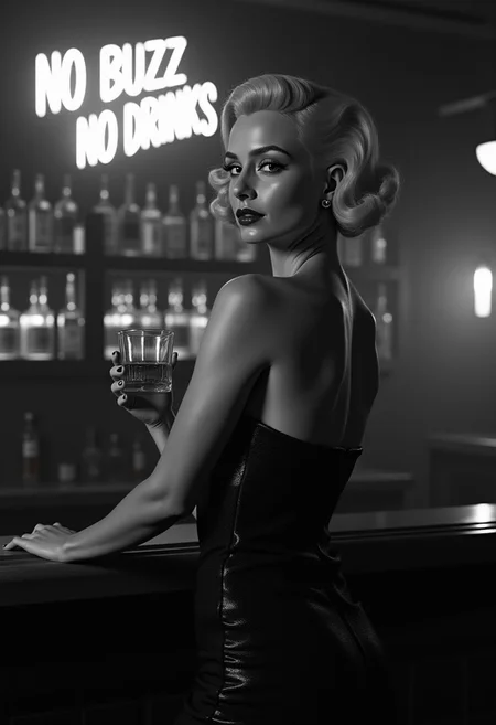 Film noir style, black & White, high contrast, greyscale:2.5, 1940s film noir detective movie, shot on film, film noir detective movie,
((best quality)), ((masterpiece)), (detailed), film noir butterfly lighting,
Female, beautiful woman, platinum blonde hair in 1940s pinup style, full pouty lips, lips parted, busty, hourglass figure:0.7, slinky strapless and sleeveless dress, super sexy sequin dress, standing at a bar in a cocktail lounge, Smokey background, neon Sign says “NO BUZZ NO DRINKS”:2.5, highly detailed skin, looking at the viewer, holding a glass of whiskey, background of a bar, backlit bottles of upscale alcohol on shelves behind bar, no watermark signature, closed mouth, insanely detailed, ((masterpiece)), HDR, key visual, vibrant, studio quality, highly detailed,close portrait,
beautiful,attractive,handsome,trending on ArtStation,DeviantArt contest winner,CGSociety,ultrafine,detailed,studio lighting . Monochrome, high contrast, dramatic shadows, 1940s style, mysterious, cinematic