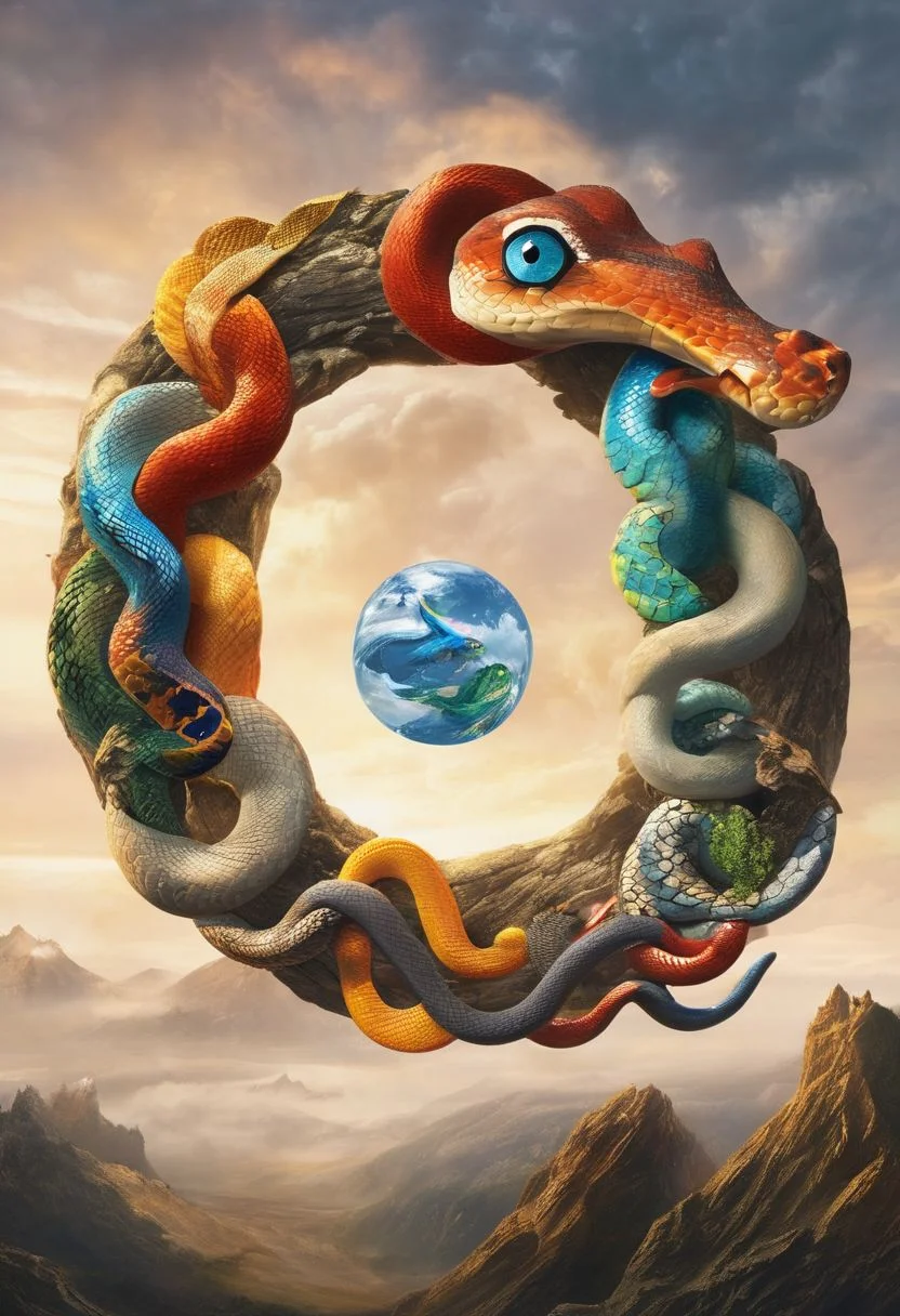 masterpiece, the highest quality, elemental elements,(earth snake)and(fire snake)and(water snake)and(sky snake),snakes,some snakes