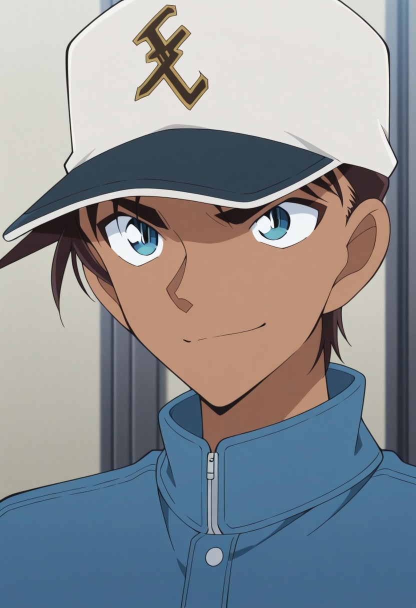masterpiece,best quality,amazing quality, source_anime,
heijihattori, 1boy, male focus, solo, dark skin, dark-skinned male, blue eyes, brown hair, hat, baseball cap, white headwear, jacket, blue jacket, smile, portrait,
