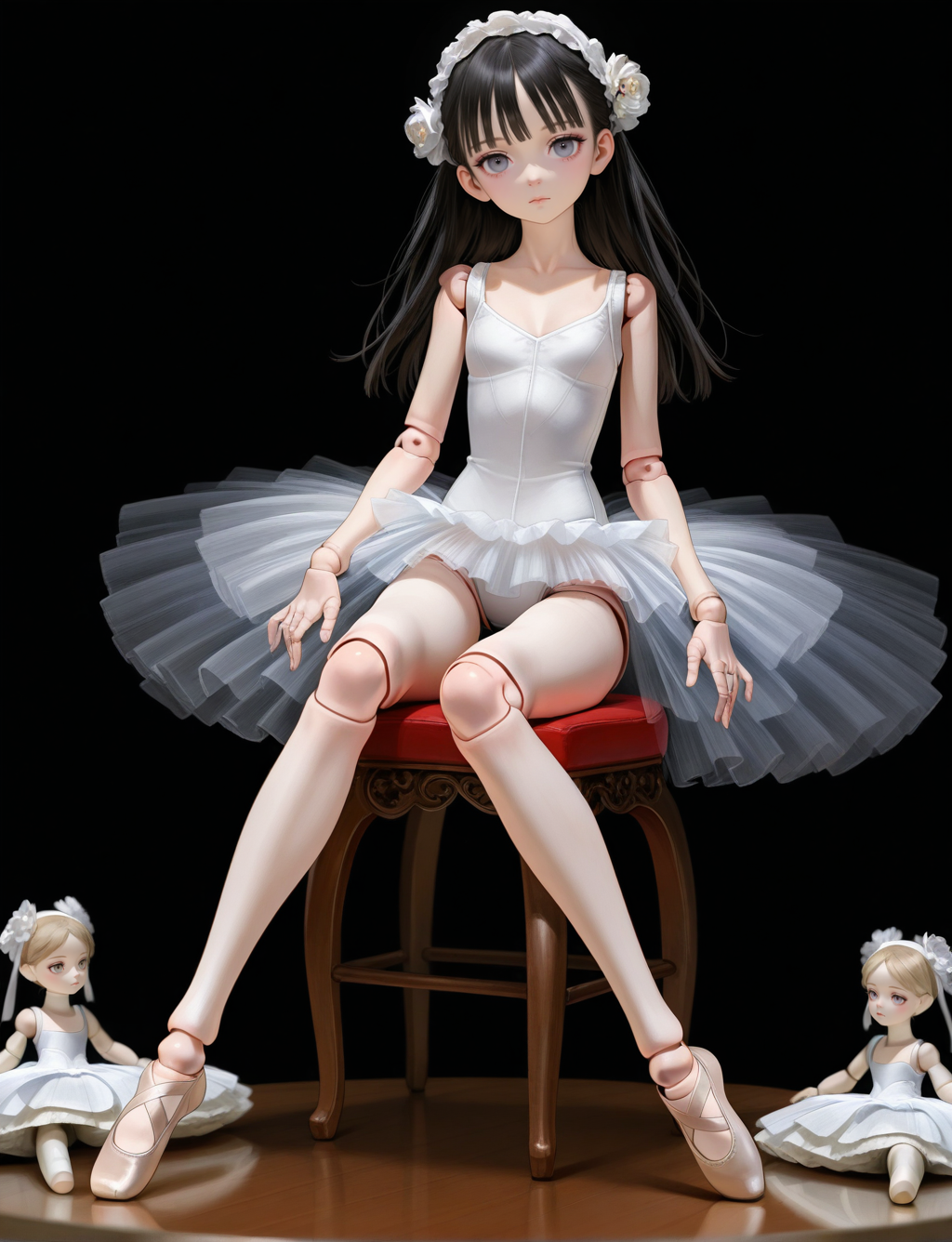 masterpiece,best quality,higres illustration,detailed face,<lora:creepydoll_IL:1>,doll,long legs,sitting,doll joints,ballet,tutu,expressionless,
