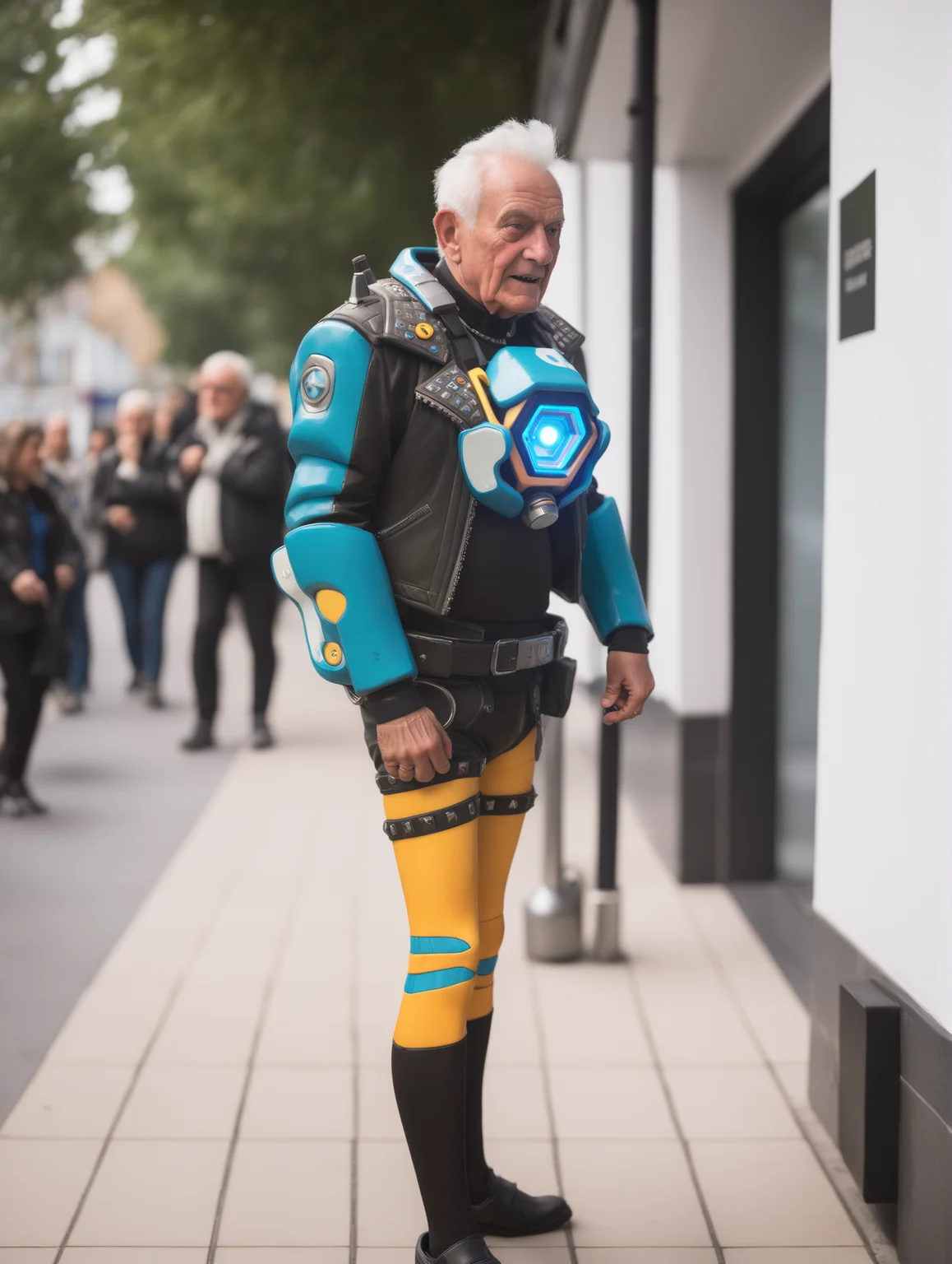 documentary photography a grandad dressed as tracer person <lora:overwatch-000007:0.7>, candid, real-life events, social commentary, highly detailed