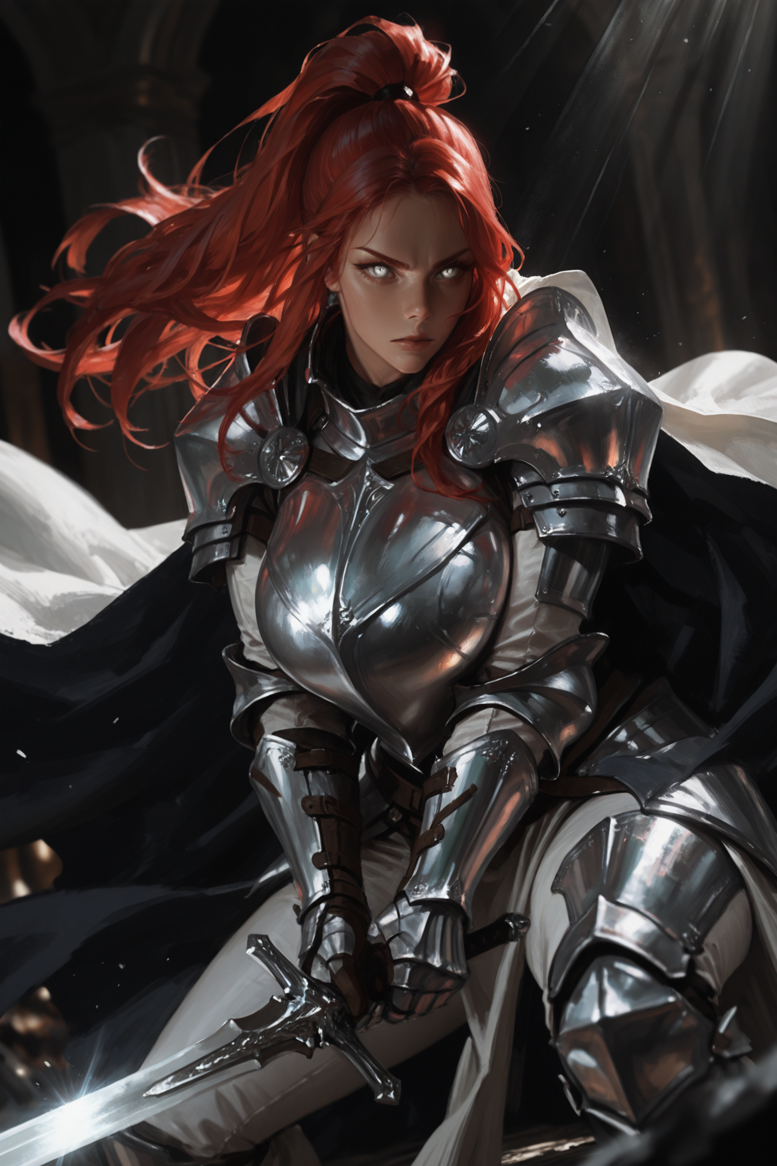 weapon, sword, armor, holding sword, holding weapon, holding, , gauntlets, full armor, shoulder armor, pauldrons, long hair, knight, , red hair, cape, ambiguous gender, breastplate, , , , 1girl, dark, huge breasts, high ponytail, fighting stance, silver sword, light rays, silver armor, white clothes, tight clothes, glowing weapon, silver light, emanating light, huge weapon, glowing sword, silver eyes, glowing designs, solo, masterwork, masterpiece, best quality,  detailed, depth of field, , high detail, best quality, very aesthetic, 8k, dynamic pose, depth of field, dynamic angle, adult,  aged up