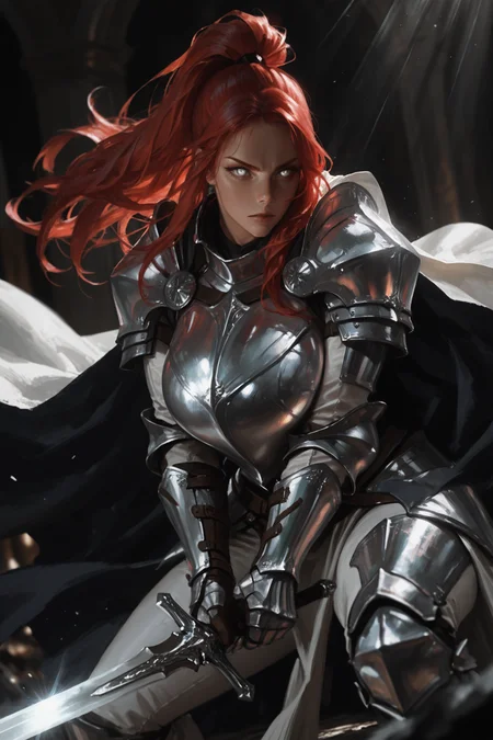 weapon, sword, armor, holding sword, holding weapon, holding, , gauntlets, full armor, shoulder armor, pauldrons, long hair, knight, , red hair, cape, ambiguous gender, breastplate, , , , 1girl, dark, huge breasts, high ponytail, fighting stance, silver sword, light rays, silver armor, white clothes, tight clothes, glowing weapon, silver light, emanating light, huge weapon, glowing sword, silver eyes, glowing designs, solo, masterwork, masterpiece, best quality, detailed, depth of field, , high detail, best quality, very aesthetic, 8k, dynamic pose, depth of field, dynamic angle, adult, aged up