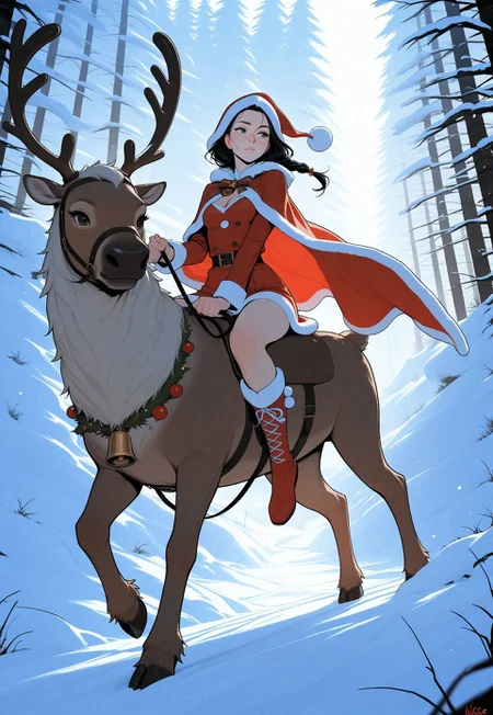 artist;incase, flat colors, high detailed, high quality, masterpiece, 1 girl, riding a reindeer, heroic fantasy, snow storm, detailed background,
animal christmas, dynamic lighting,