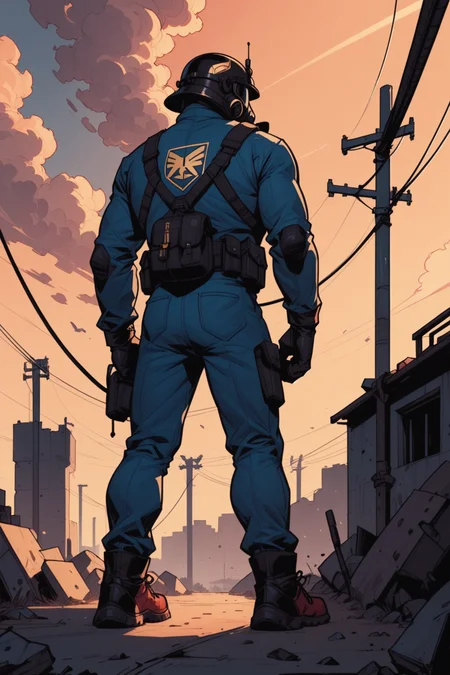 gas mask, 1boy, solo, gloves, cloud, male focus, helmet, sky, realistic, ruins, outdoors, cloudy sky, power lines, from behind, mask, black gloves, standing, cable, a_Comic_Illustration, rough lines with ink, (drawn:1.1), (sketch:1.5), (crosshatching:1.25), (comic style:1.1), graphic novel style, sharp lines, hires, zstyle, (western comics \(style\):1.1), (hatching \(texture\):1.2), zPDXL, Mr_Monster_Possitive, <lora:Expressive_H:0.5>, score_9, score_8_up, score_8_up,