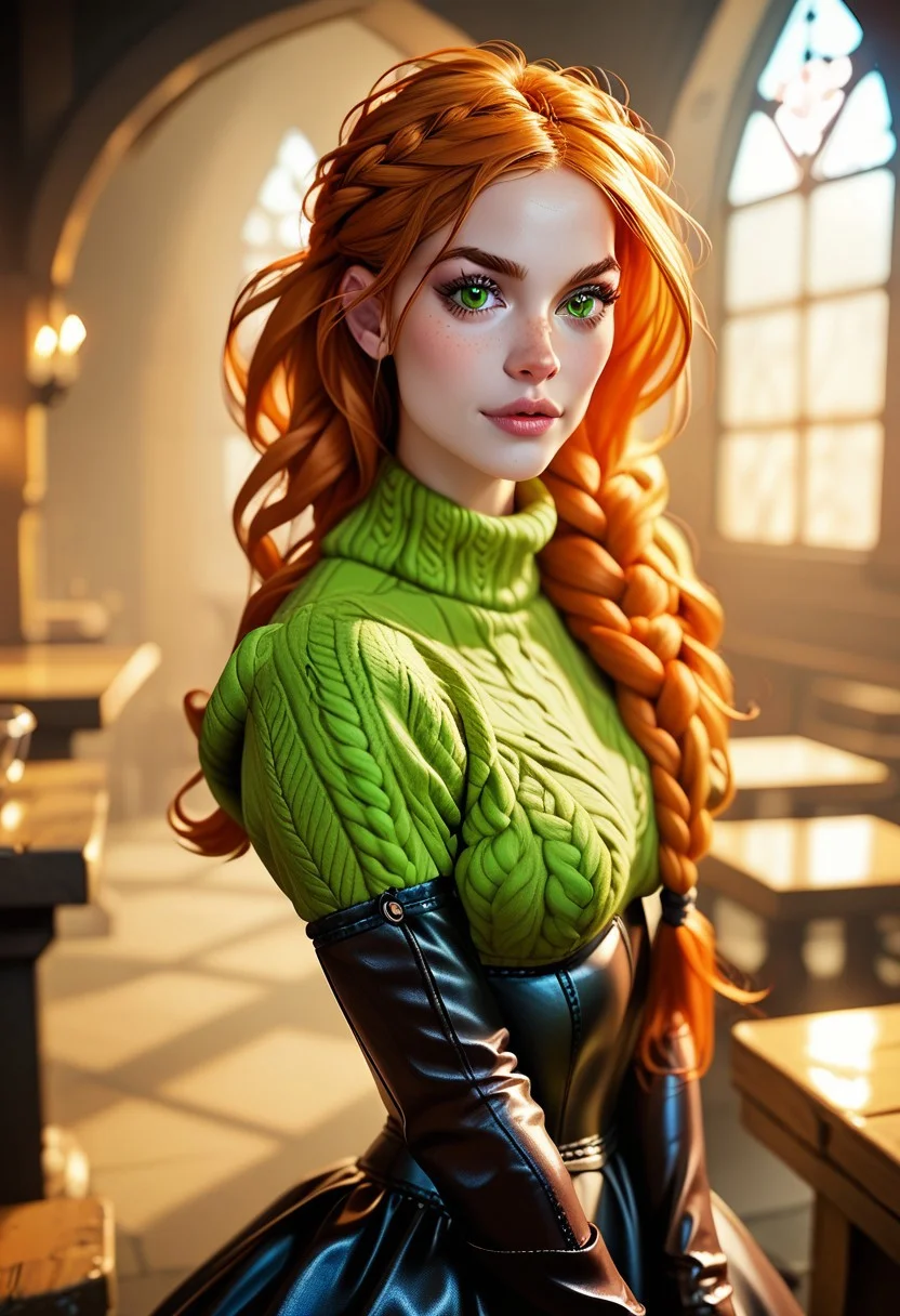 score_9_up, score_8_up, score_7_up,score_6_up, 1girl, solo, rating_safe, style_realistic, woman flirting, looking at viewer, (((pale skin))), orange hair, freckles, long braided hair, big green eyes, (((aran sweater dress))), ((leather corset)), ((opera gloves)), ((leather ballet flats)), ((fishnet stockings)), ((dog collar)), medieval tavern background.