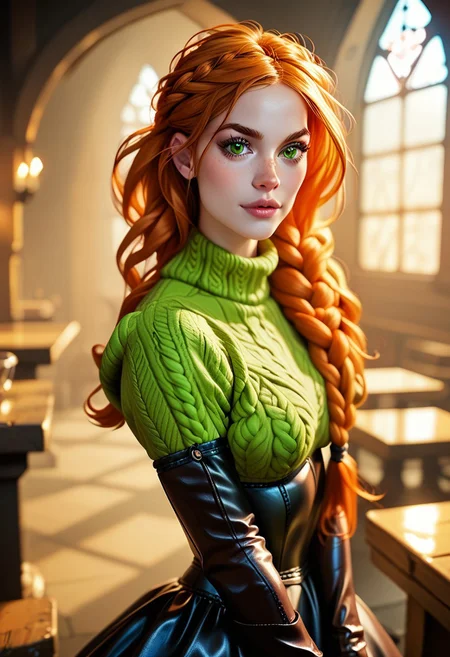 score_9_up, score_8_up, score_7_up,score_6_up, 1girl, solo, rating_safe, style_realistic, woman flirting, looking at viewer, (((pale skin))), orange hair, freckles, long braided hair, big green eyes, (((aran sweater dress))), ((leather corset)), ((opera gloves)), ((leather ballet flats)), ((fishnet stockings)), ((dog collar)), medieval tavern background.