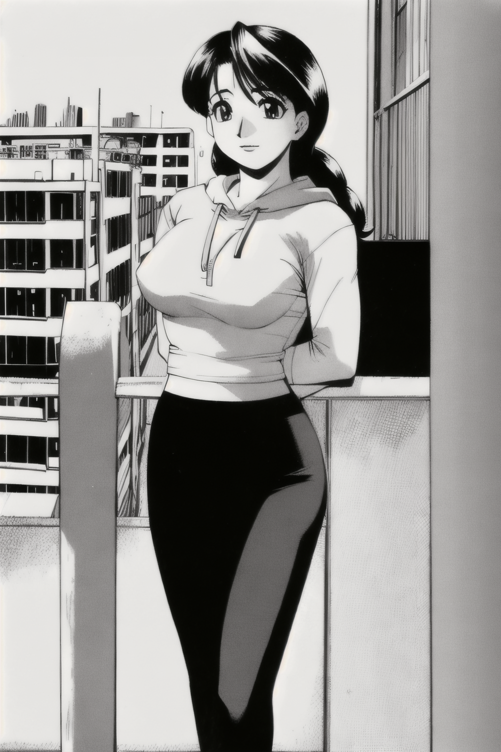 (Realistic:1.5) (masterpiece) Persians (Iran) 60 years old woman Balayage Side Ponytail , in the Balcony, Standing with one hand on hip and one arm extended to side, Yoga pants with a hoodie, <lora:EdobComic02_v1.0:0.8>