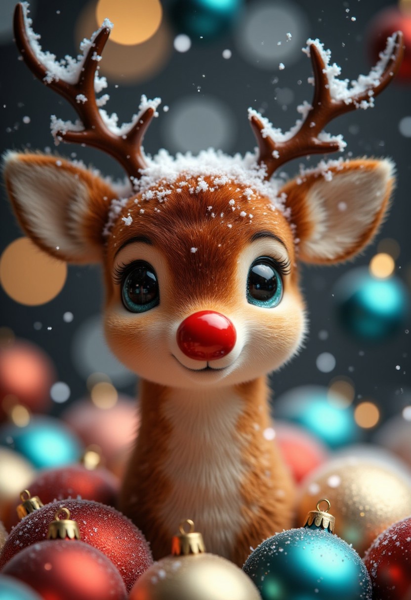 This adorable image features a close-up of a reindeer with large, expressive eyes. The reindeer's fur is a warm brown, and its antlers are adorned with a dusting of snow. It has a bright red nose, adding to its festive charm. The reindeer is surrounded by a collection of Christmas ornaments, including red, gold, and blue baubles. The image is set against a blurred background of twinkling lights and falling snowflakes, creating a magical and enchanting atmosphere. The overall effect is one of joy, wonder, and the spirit of the holiday season.