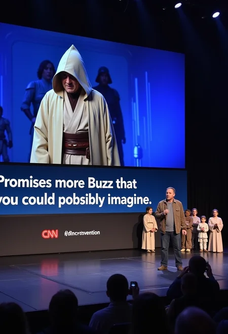 @dncchat1, on stage, large screen, a man is standing on stage with a giant tv screen
a man is talking to a picture of a Obi Wan Kenobi wearing a cloaked hood,
bottom right red text 'CNN',
bottom blue text 'Promises more Buzz that you could possibly imagine',
bottom black sub text 'buzz force convention',
Jedi flag, multiple Jedis, star \(symbol\)
<lora:@dncchat1.v1.style.flux1d_epoch_10:0.3>