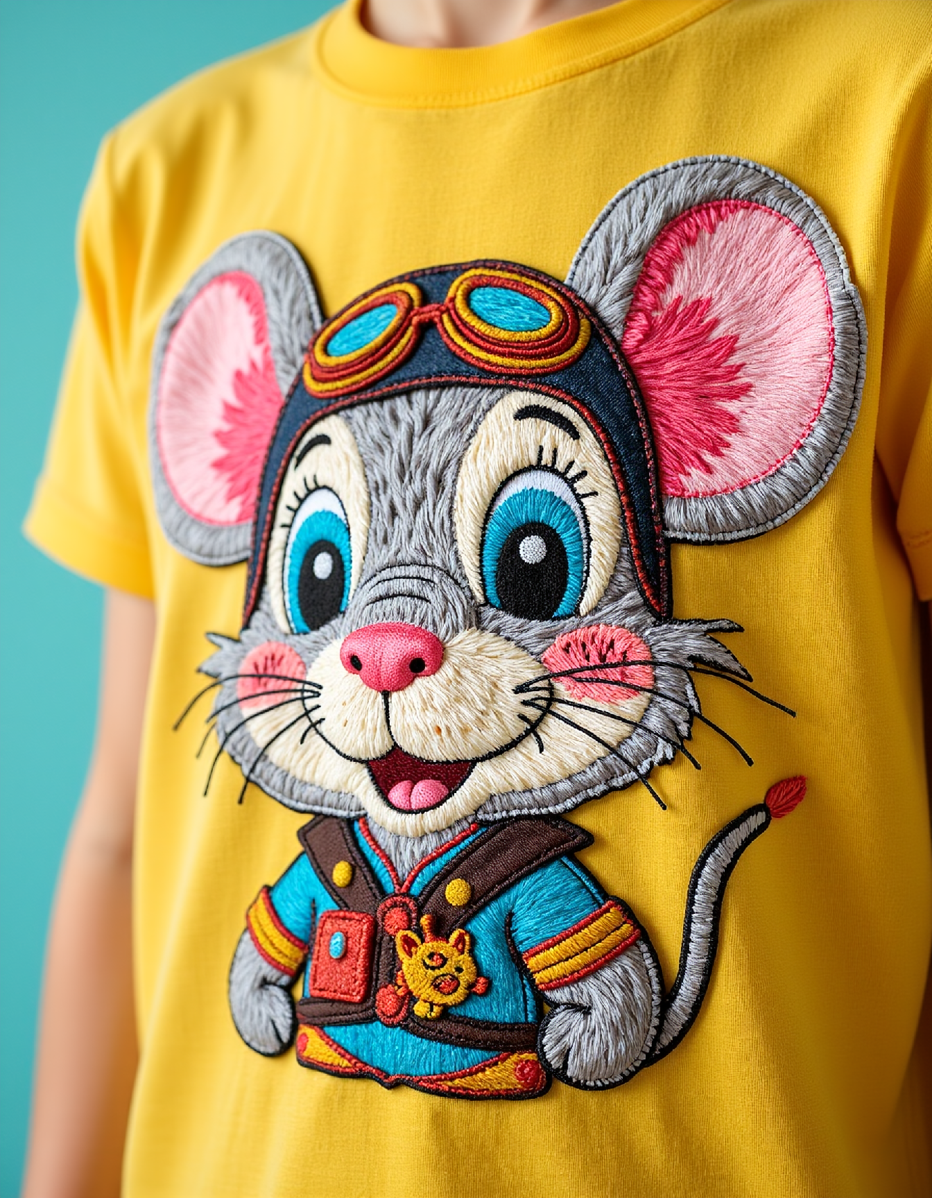 aplqueCE_style. a t-shirt with a colorful applique of a cute mouse pilot wearing aviator goggles.