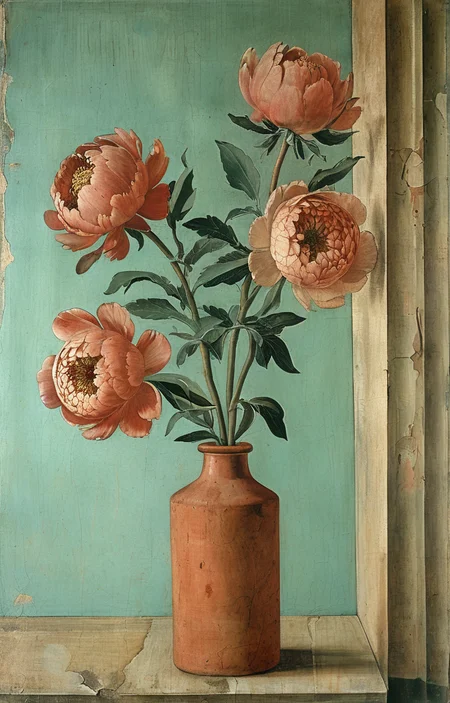 masterpiece,best quality,<lora:tbh194-sdxl:0.9>,illustration,style of Piero della Francesca decaying peonies