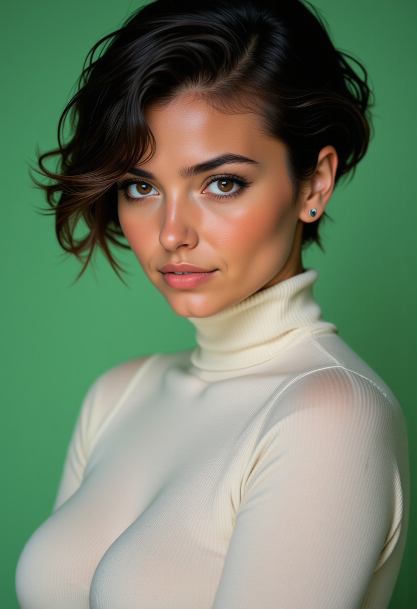 Headshots,masterpiece, a beautiful woman,Hyperrealistic, she is smiling, dynamic angles, multiple angles, photoshoot poses; A photo of Brunette Female 9, a woman with short hair, she has massive breasts, a beautiful girl,she is wearing a white turtleneck sweater.she has massive breasts, she has piercing eyes. a dynamic pose and a sense of action. simple green background, and the lighting is soft, creating a dramatic effect, creating a focused and dynamic pose.; the scene is set in a beautiful well-lit environment, with a sense of action and adventure. Style: realistic hyper-detailed rendering, 32k UHD, expressive eyes, punk, graphic design, girl's face, pretty and cute, gleaming lips, telling a tale of adventure. Exuding confidence and serenity. The overall mood of the image is happy and relaxed, detailed skin texture,(blush:0.2),(goosebumps:0.3), subsurface scattering,with a playful and whimsical tone,perfect hand, hand, detailed hand,Niji Stan Katayama Style,retro50s_style,