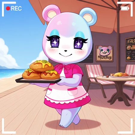 best quality, masterpiece, Full Body, Romantic, Small, Body, Furry, judyac, animal crossing, 1girl, solo, furry, bear, two-tone fur, light pink fur, light blue fur, white muzzle, purple eyes, star pupil, blush, blue eyeshadow, pink dress, beach, restaurants, serving food, carry tray, walking, outside lobby, board walk, beach chair, beach table, umbrella, recording, sign of buzz, sign said buzz sign writing say buzz, smile, holding a sign, sign said " free_buzz_food", writing buzz