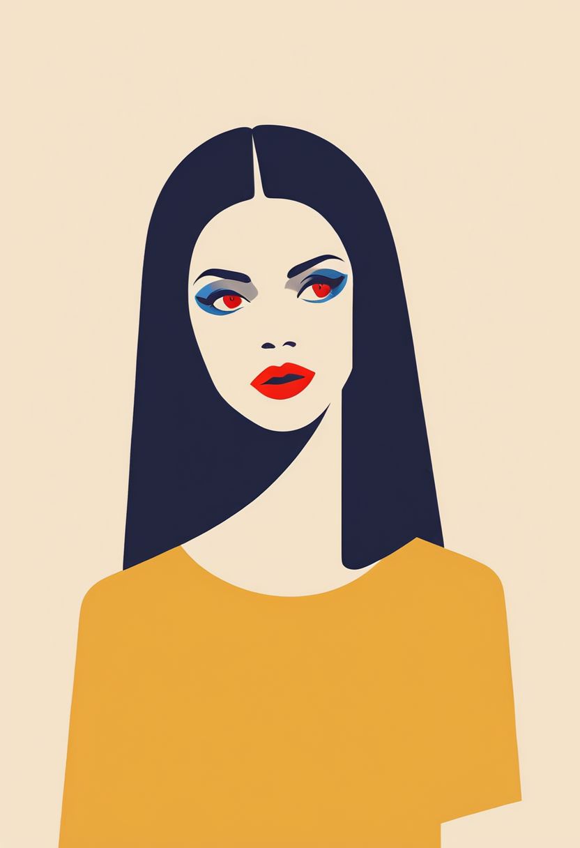 vztdzsxx, a flat style vector illustration, 1girl, solo, shirt, medium breasts, jewellery,  yellow theme, limited palette, black hair, red eyes, makeup, upper body, portrait, flat color, vector art, illustration, vector illustration, cel shading, simple coloring, score_9, score_8_up, score_7_up, score_6_up, score_5_up, score_4_up