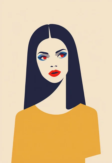 vztdzsxx, a flat style vector illustration, 1girl, solo, shirt, medium breasts, jewellery, yellow theme, limited palette, black hair, red eyes, makeup, upper body, portrait, flat color, vector art, illustration, vector illustration, cel shading, simple coloring, score_9, score_8_up, score_7_up, score_6_up, score_5_up, score_4_up