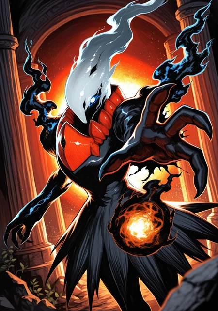 solo furry [darkrai:endogeny:0.45], white body, half-length portrait, foreshortening, looking at viewer, floating, glowing eyes, action pose, reaching towards viewer, (particles effect, black fire, fireball, magic user:1.25), blackhole, dutch angle, BREAK, masterpiece, best quality, high quality, horror \(theme\), [:realistic, photorealism:0.35], [:by Yourfreakyneighbourh:0.35], detailed background, detailed foreground, depth of field, backlighting, red light, [:ruins, rock pillar, tapestry, temple, plant, vine:0.1]