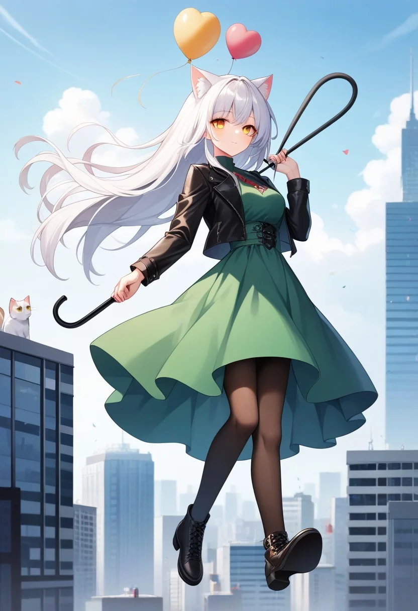 (masterpiece), (score_9, score_8_up, score_7_up,source_anime), best quality, ultra-detailed,24K, illustration, (Uncorrected), CG,
Latex, girl and cat, (holding umbrella:1.2), animal cat, cat focus,
Multiple balloons, huge balloon, (heart-shaped ballons:1.2).
(Girl, floating, white hair, ultra-long hair, amber eyes, ultra-detailed eyes:1.2), green dress, jacket, pantyhose, leather shoes,
in Rooftop of Skyscraper, modern city, Skyscraper,