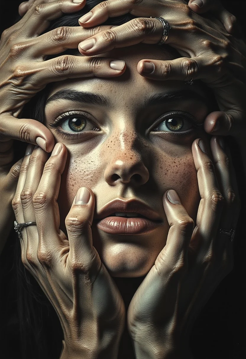 An ultra close-up portrait of a woman’s face, filling the entire frame, leaving no visible background. Her expression is unreadable, partially hidden beneath a mass of hands—a mixture of tiny, delicate fingers of infants, smooth hands of youth, and wrinkled, veined hands of the elderly. The hands are not her own; they belong to many others, pressing gently yet firmly over her features, partially covering her eyes, mouth, and cheeks. Some hands grasp her jawline, others stretch over her forehead, their fingertips resting just above her lips, as if silencing her. The variation in skin textures is striking—soft, unblemished baby hands contrast against aged, gnarled fingers with deep lines and prominent veins. Though her eyes are partially covered, faint glimpses of them peek through the gaps, revealing an intense gaze filled with an emotion that remains just out of reach. Shadows from the overlapping fingers create a layered depth, making her face feel both hidden and revealed at the same time. The lighting is moody and dramatic, with high contrast between the illuminated skin of the hands and the deep shadows cast across her face. The lack of a background isolates her, making the tangled, intricate weave of fingers the singular focus. The contrast between the lifelike textures of the hands and her obscured, expressionless face creates a haunting, surreal narrative—one of silence, control, protection, or something unknown.