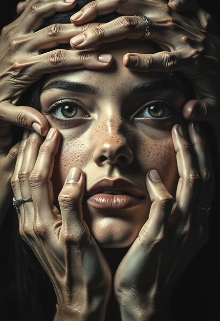 An ultra close-up portrait of a woman’s face, filling the entire frame, leaving no visible background. Her expression is unreadable, partially hidden beneath a mass of hands—a mixture of tiny, delicate fingers of infants, smooth hands of youth, and wrinkled, veined hands of the elderly. The hands are not her own; they belong to many others, pressing gently yet firmly over her features, partially covering her eyes, mouth, and cheeks. Some hands grasp her jawline, others stretch over her forehead, their fingertips resting just above her lips, as if silencing her. The variation in skin textures is striking—soft, unblemished baby hands contrast against aged, gnarled fingers with deep lines and prominent veins. Though her eyes are partially covered, faint glimpses of them peek through the gaps, revealing an intense gaze filled with an emotion that remains just out of reach. Shadows from the overlapping fingers create a layered depth, making her face feel both hidden and revealed at the same time. The lighting is moody and dramatic, with high contrast between the illuminated skin of the hands and the deep shadows cast across her face. The lack of a background isolates her, making the tangled, intricate weave of fingers the singular focus. The contrast between the lifelike textures of the hands and her obscured, expressionless face creates a haunting, surreal narrative—one of silence, control, protection, or something unknown.