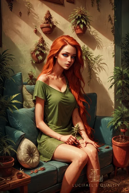 score_9, score_8_up, score_7_up, score_6_up,
marijuana, plant, leaf, potted plant, 1girl, couch, sitting, long hair, ginger hair,
,concept art,realistic,perfect body,highly detailed,delicate and smooth skin, body in motion,<lora:sinfully_stylish_SDXL>,<lora:add-detail-xl:1>,<lora:xl_more_art-full_v1:0.7>,<lora:Concept Art DarkSide Style LoRA_Pony XL v6:1>,<lora:marijuana2XLP:0.6>