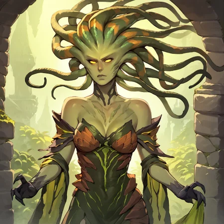 <lora:Vraska_Magic_the_Gathering:1> vraska, solo, 1girl, colored skin, monster girl, yellow eyes, green skin, glowing, plantdress, breasts, snake hair  <lora:RD-MAnon-XLV1.1:1> female, source_anime, score_9_up,  score_7_up, score_8_up