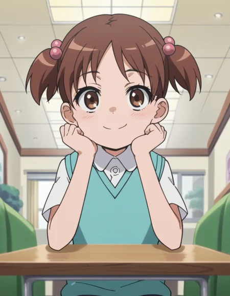 score_9, score_8_up, score_7_up, source_anime, <lora:kana-hazamaya-s1-ponyxl-lora-nochekaiser:1>, kana hazamaya, short hair, brown hair, hair ornament, twintails, brown eyes, hair bobbles, short twintails, child, anime screencap,, skirt, school uniform, sweater vest, blue sweater vest,, hotel, rooms, lobby, guests, beds, smile, sitting, head rest, table,, looking at viewer, solo,, dutch angle, cowboy shot